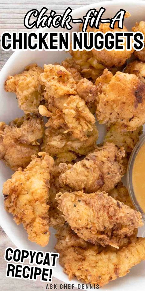 If you’re looking for the best copycat Chick-fil-A Nuggets recipe, look no further! Marinated and fried to a crunchy, crispy golden brown and served with their famous dipping sauce, your whole family is going to love these delicious nuggets. The secret ingredient that makes my chicken nugget recipe even better than the real thing, is buttermilk. You can use regular milk to make these chicken nuggets, but buttermilk definitely takes them to another level of deliciousness! Homemade Chikfila Nuggets, Panko Chicken Nuggets, Best Homemade Chicken Nuggets, Copy Cat Chic Fil A Nuggets In Air Fryer, Best Chicken Nugget Recipe, Easy Chicken Nugget Recipes, Can Chicken Chicken Nuggets, Wendy’s Chicken Nuggets Recipe, Crunchy Chicken Nuggets