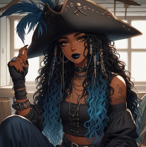 Pirate Hat Drawing Reference, Black Pirate Woman, Female Pirate Oc, Pirate Woman Art, Female Pirate Character Design, Pirate Oc Art, Female Pirate Art, Pirate Female, Pirate Drawing