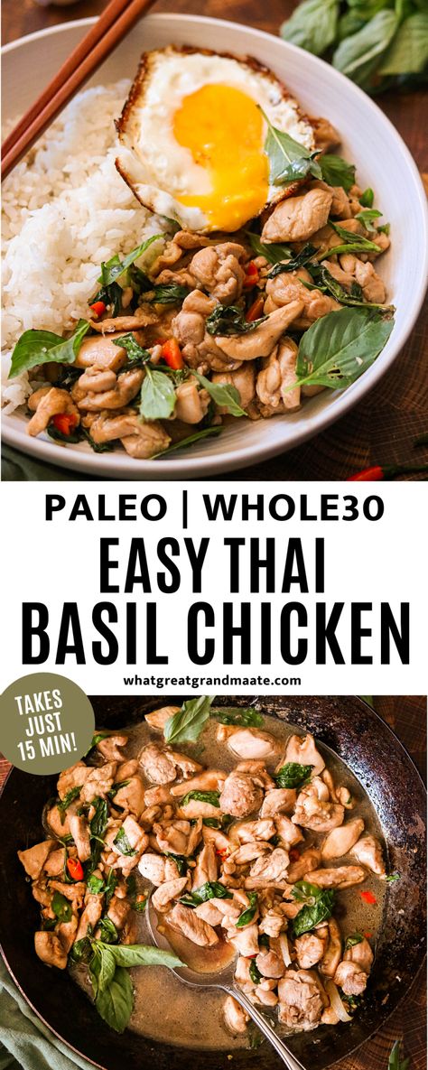 Spicy Thai Basil Chicken, Thai Basil Chicken Recipe, Thai Basil Recipes, Basil Chicken Recipe, Thai Basil Chicken, Whole30 Dinners, Basil Recipes, Spicy Thai, Basil Chicken