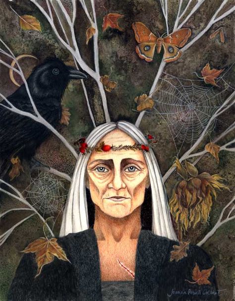 The Crone Goddess at Samhain. Elder of The Scar Clan by Joanna Powell Colbert. http://lilywight.com/2013/10/29/samhain-beginners-guide-to-the-wheel-of-the-year/ Samhain Ritual, Tom Thomson, Samhain Halloween, Celtic Mythology, Triple Goddess, Wise Women, Beltane, Old Woman, Goddess Art