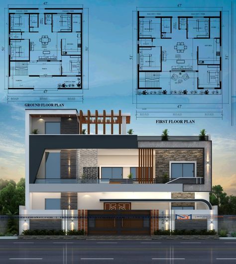 House Plans 2 Storey, Elevation Architecture, Luxury House Design, House Structure Design, 3d Plan, Building Design Plan, Engineering Notes, Two Story House Design, 2bhk House Plan