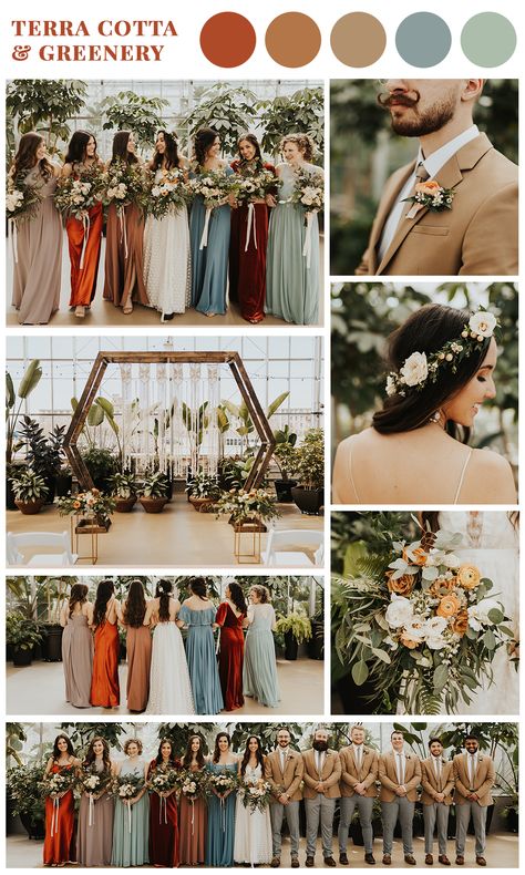 Need some color scheme inspiration for your bohemian wedding? My bridal party dresses were silk rust, sage green, dusty blue, and velvet! These tan suits and boho vibes are everything. Check out this blog post for more photos of my wedding! Photos by Inna Kova Photography Wedding Colors Rust And Sage, Dusty Rust Wedding Theme, Rustic Boho Wedding Sage Green, Dusty Blue Sage Green Terracotta, Rust Blue Green Color Scheme, Sage Green Dusty Blue Bridesmaid Dresses, Sage And Rust Bridesmaid Dresses, Dusty Blue Sage Green Rust Wedding, Green And Tan Wedding Color Schemes