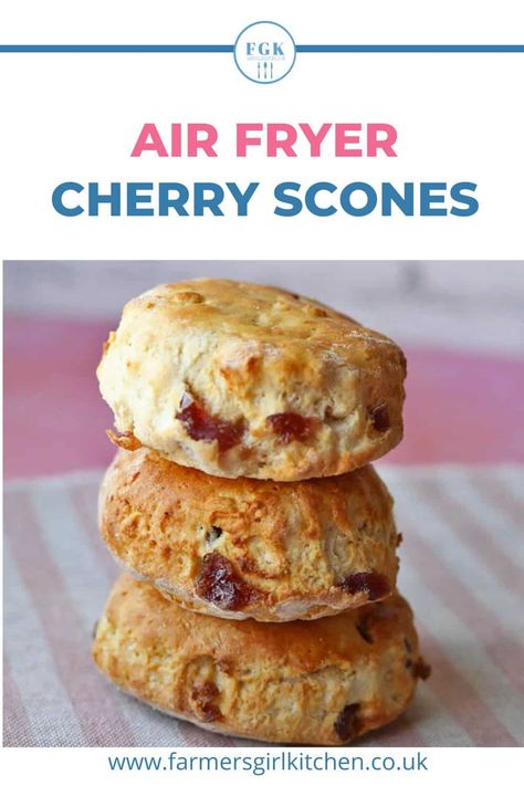 Air Fryer Cherry Scones are sweet British scones studded with delicious pieces of glace (candied) cherries.  They are delicious served warm with butter and jam, add some clotted cream for a special treat. Cherry Scone, Treacle Scones, Candied Cherries, British Scones, Cherry Scones, Fruit Scones, Glace Cherries, Cherry Candy, Clotted Cream