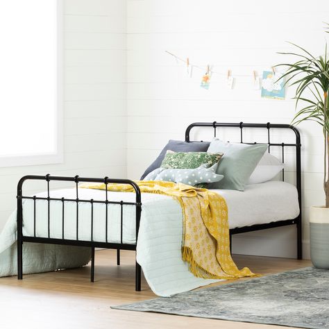 Bedroom Black Iron Bed, Black Iron Bed, Metal Headboard, Bed Black, Twin Platform Bed, Warm Decor, Bed Tent, Metal Platform Bed, Twin Size Bedding