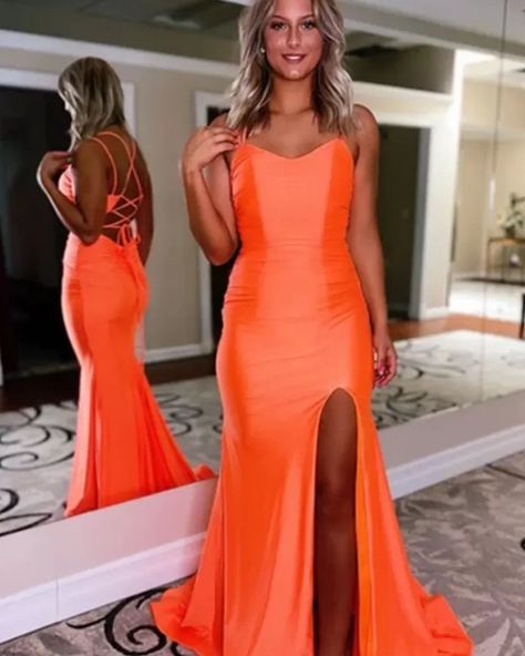 Neon Orange Prom Dress, Prom Dresses Long Fitted, Orange Prom Dress, Bodycon Prom Dress, Jersey Prom Dress, Floor Length Skirt, Mermaid Fashion, Halter Style, Mermaid Dress