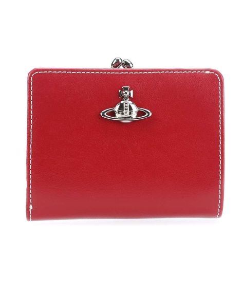 VIVIENNE WESTWOOD | Matilda Wallet Softly Grained Red Calfskin | £179.00 | Closes with push-button, closes with snap lock. Silver-colored metal. Logo emblem on the frontside. Inside: Structured Lining Nylon. Compartment for banknotes and receipts, change compartment. Three inside pockets. 8 credit card slots... | wardow.com Backpacks Accessories, Leather Billfold, Snap Lock, Logo Emblem, Short Wallet, Metal Logo, Luxury Brands, Push Button, Online Accessories