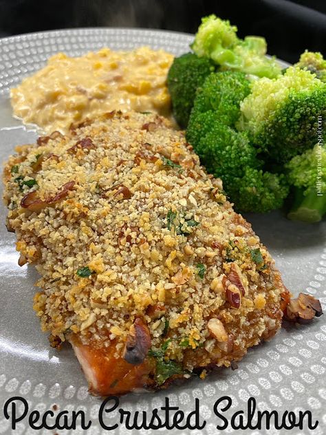 Pecan Salmon Recipes, Salmon Crusted, Pecan Salmon, White Almond Cakes, Pecan Crusted Salmon, Creamy Corn Casserole, Pistachio Crusted Salmon, Cheesecake Balls, Asparagus Bacon