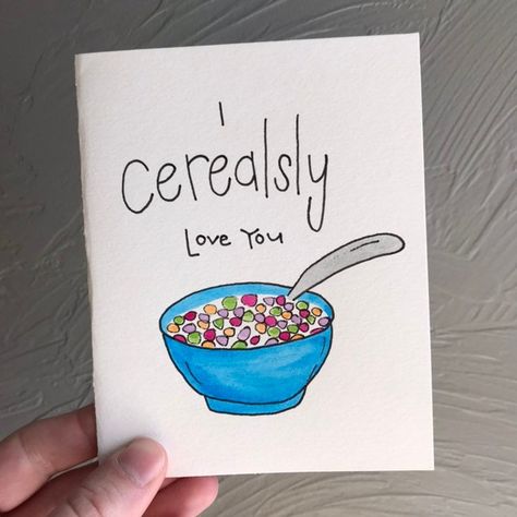 WATERCOLOR GREETING CARD Love Cards Cereal Lover - Etsy Cute Diy Birthday Cards, Cardstock Ideas, Punny Cards, Creative Birthday Cards, Anniversaire Diy, Birthday Card Drawing, Bf Gifts, Watercolor Card