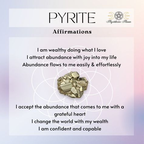 Pyrite has long been valued as a strong protection stone that shields the wearer from negative energy as well as environmental pollutants. Thus, this stone helps promote physical well-being as well. Stimulating the second and third chakras, pyrite enhances strength of mind and willpower. I Attract Abundance, I Am Wealthy, Pictures Of Crystals, Crystal Healing Chart, I Attract, Attract Abundance, Crystals Healing Properties, Spiritual Crystals, Fancy Stones