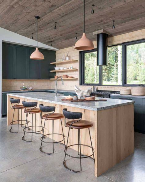 Inside an inviting haven on a dramatic high alpine lake in West Yellowstone Alpine Kitchen, Barn With Living Quarters, Lake Montana, Summer Cabin, Latest Kitchen Designs, West Yellowstone, Kitchen Design Trends, Alpine Lake, Interior Design Companies