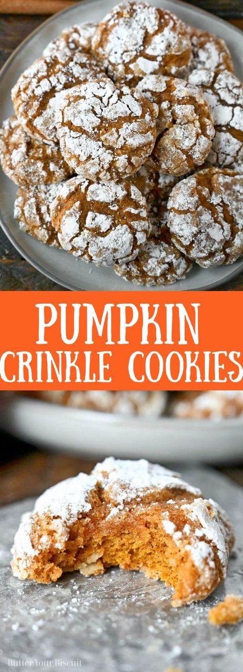 Top photo is a plate full of pumpkin crinkle cookies. Bottom photo is a crinkle cookie with a bite out of it. Pumpkin Crinkle Cookies, Moist Cookies, Chocolate No Bake Cookies, Cookie Recipes From Scratch, Crinkle Cookies Recipe, Pumpkin Spice Recipe, Butter Cookies Recipe, Delicious Cookie Recipes, Crinkle Cookies