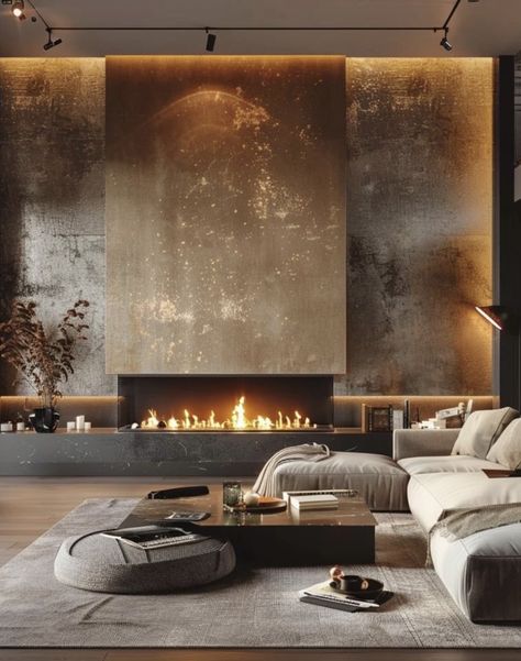 Black Fireplace Wall, Fireplace Modern Design, Columns Decor, Luxury Fireplace, Inspiring Lifestyle, Luxurious Living Room, Black Fireplace, Dark Home Decor, Luxury House Interior Design