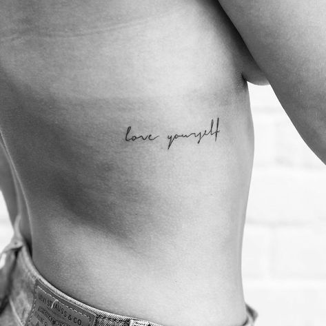 Rib Tats For Women Quotes, Good Girl Tattoo Words, Womens Rib Tattoos Side Tat, Cute Places For Small Tattoos, Rib Tattoos For Women Words, Tiny Rib Tattoos For Women, Underboob Tattoo Words, Tattoos Women Quotes, Underboob Tattoo Quote