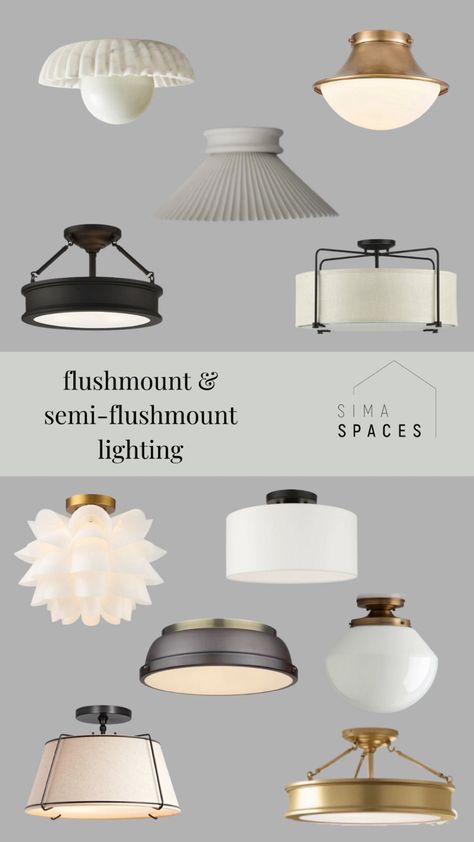 A variety of semiflush and flushmount lighting for your entryway, hallway, bedroom, closet, living room 3 Bulb Ceiling Light, Flush Mount Hallway Lighting Ideas, School House Light Fixture, Ceiling Hugging Light Fixture, Transitional Semi Flush Mount Lighting, Transitional Ceiling Lights, Amber Lewis Lighting, Traditional Entryway Lighting, Mud Room Light Fixtures