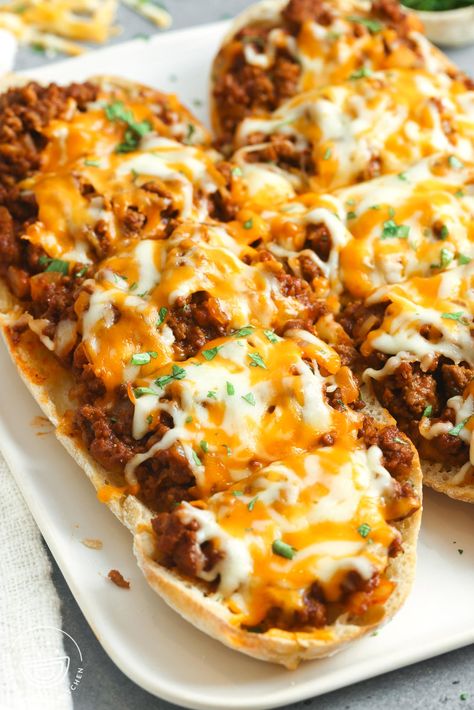 Cheesy Sloppy Joe Garlic Bread Sloppy Joes With Cheese, Sloppy Joe Melt, Sloppy Joe Pizza Recipe, Beer Cheese Sloppy Joe Recipe, Cheesy Garlic Bread Sloppy Joe’s, Cheesy Sloppy Joe Garlic Bread, Open Faced Cheesy Sloppy Joes On Garlic Bread, Sloppy Joe Breadsticks, Bacon Beer And Cheese Sloppy Joe Recipe