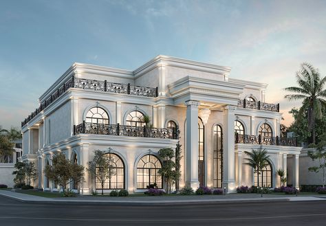 Neo Classic Villa :: Behance Arabic Villa Design, Neo Classic Villa Exterior, Arabic Villa, Neo Classic Villa, Residential Elevation, Classic Villa Exterior, Neoclassical Villa, Classic Mansion, 3dmax Vray