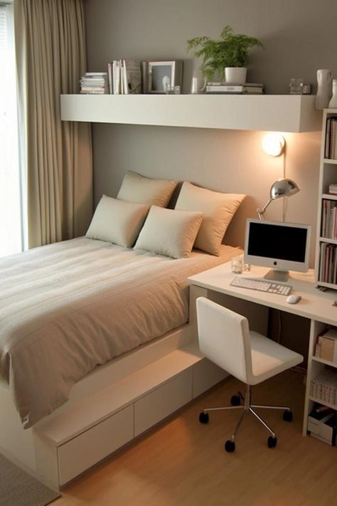 Love this clever design! Built-in storage under the bed and a compact desk setup make this small bedroom feel spacious and organized. Explore more space-saving bedroom ideas in our blog post! #smallbedroomideas #spacesavingtips #smallspacehacks #tinybedroomdecor Double Bed And Desk Layout Small Room, Ikea Tiny Bedroom Ideas, Bed Near Door, Small Bedroom Ideas With Tv, Bed And Desk Layout Small Room, Small Bedroom Inspirations Space Saving, Desk Beside Bed, Small Box Room Ideas, Bed With Storage And Desk