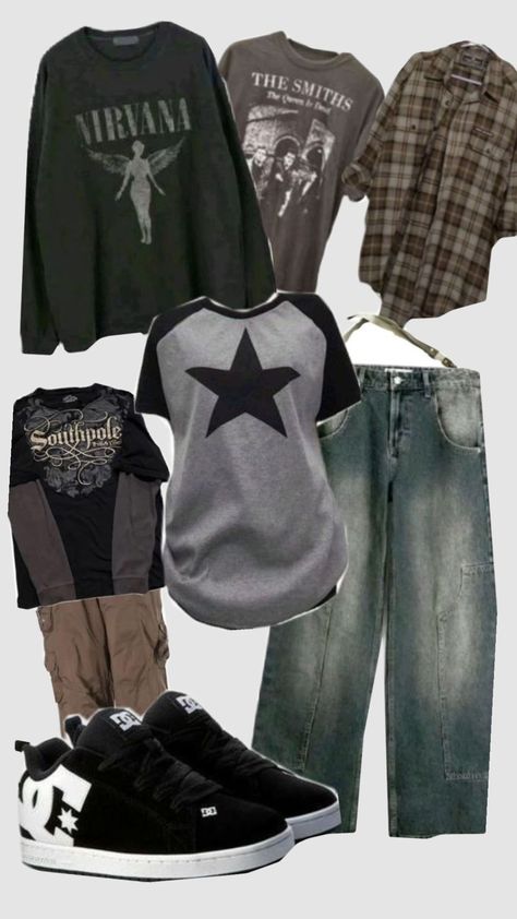 Midwest Grunge Outfit, Emo Band Shirt Outfits, Grunge Ftm Outfits, Actual Grunge Outfits, Simple Grunge Outfits For School, Y2k Grunge Outfits Winter, Nirvana Inspired Outfits, Masc Outfits Grunge, Deftones Inspired Outfit