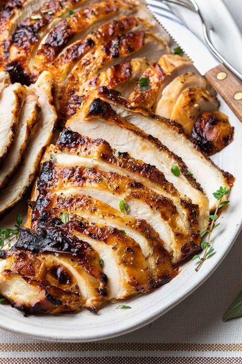 Apple Cider Brine, Apple Cider Brined Turkey, Grilled Turkey Breast, Thanksgiving Turkey Breast, Grilled Turkey Recipes, Brined Turkey Breast, Dairy Free Thanksgiving, Golden Skin, Turkey Breast Recipe