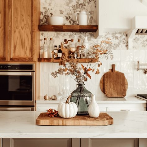 Fall Kitchen Decor Ideas You Want To Steal in 2024 - Posh|Chic|Cool Posh Kitchen Ideas, Fall Cabinet Top Decor, Fall Decor Kitchen Window, Kitchen Island Decor Fall, Fall Decor Kitchen Island, Kitchen Island Fall Decor Ideas, Kitchen Counter Fall Decor, Fall Kitchen Window Decor, Fall Island Decor