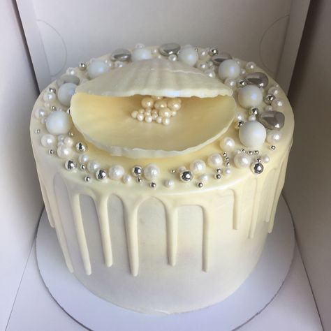 Image may contain: indoor and food Birthday Cake With Pearls, Cake With Pearls, Vegan Wedding Cake, Cake Images, Holiday Cakes, Cake Designs Birthday, Drip Cakes, Anniversary Cake, White Cake