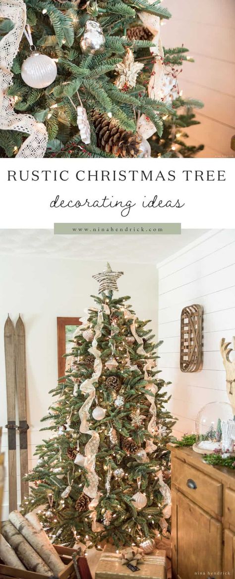 Planning a rustic Christmas theme this year? This rustic Christmas tree includes natural decorations like woodland ornaments and vintage lace. Woodsy Christmas Tree Decor, Rustic Christmas Tree Themes, Woodsy Christmas Tree, Rustic Christmas Tree Decorations, Woodland Christmas Theme, Christmas Tree Rustic, Log Cabin Christmas, Holiday Interior, Natural Decorations