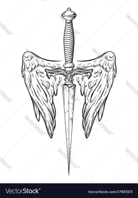 Ritual dagger with angel wings isolated on white Vector Image Knife With Wings Tattoo, Dagger With Wings Tattoo, Black Work Flash, Dagger Tattoo For Men, Dagger Sketch, Dager Tattoos, Tattoo Designs Angel, Wing Illustration, Dagger Drawing