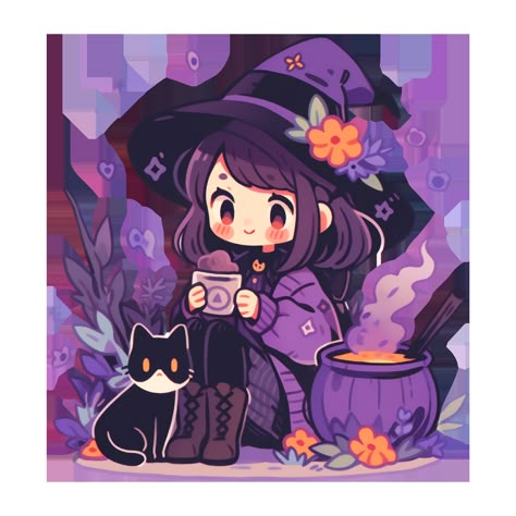 Cute Kawaii Halloween Purple Pastel Witch with a Cauldron and Her Cat Sticker 2 Witches Art, Cat Drawing Sticker, Witch With Cat Art, Chibi Halloween Art, Kawaii Witch Aesthetic, Purple Character Art, Witch Cat Drawing, Cute Anime Witch, Pastel Witch Aesthetic