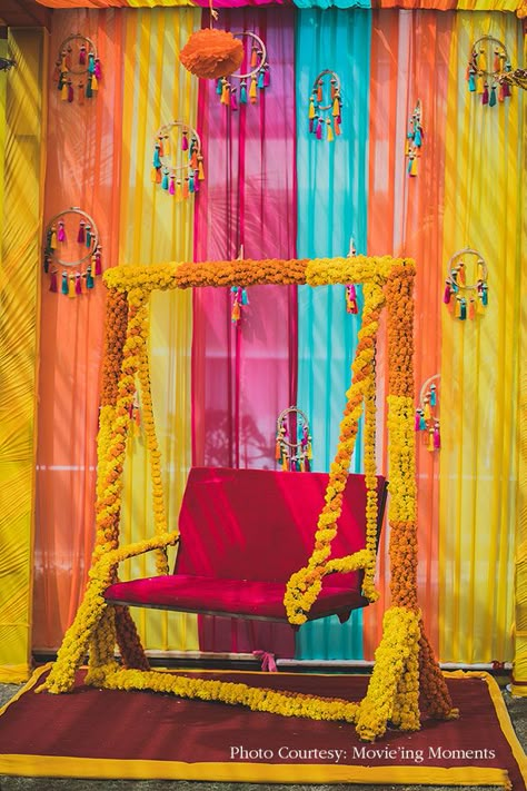 Eshita and Vaibhav | Radisson Blu | Mumbai Weddings | WeddingSutra Balloon Decoration At Home, Bride Haldi, Mendhi Decor, Mehndi Stage, Stage Backdrops, Haldi Decoration Ideas, Haldi Decoration, Mehendi Decor Ideas, Wedding Decor Photos