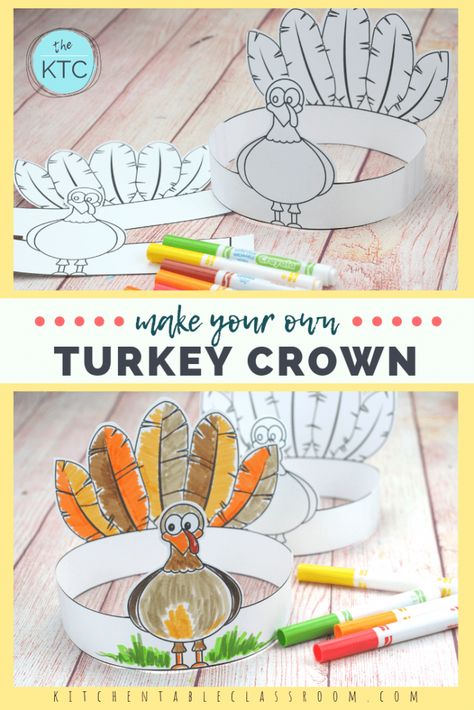 This free printble turkey crown is a fun and easy Thanksgiving craft that your little one will love wearing! #turkeycraft #Thanksgivingcraft #craftsforkids Turkey Learning Activities For Toddlers, Turkey Hat Template Printable Free, Free Turkey Hat Printable, Thanksgiving Hats For Toddlers, Thanksgiving Crowns Printable, Turkey Ideas For Kids, Thanksgiving Hat Printable, Turkey Crown Printable, Thanksgiving Headbands Preschool