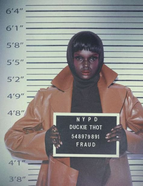 modely-way:  Duckie Thot for Paper Magazine September 2018 shot by Jordan Barrett. Duckie Thot Aesthetic, Mugshots Women Aesthetic, Jail Photoshoot, Inmate Clothes, Mugshot Aesthetic, Jordan Barrett, Imaan Hammam, Paper Magazine, Mug Shot