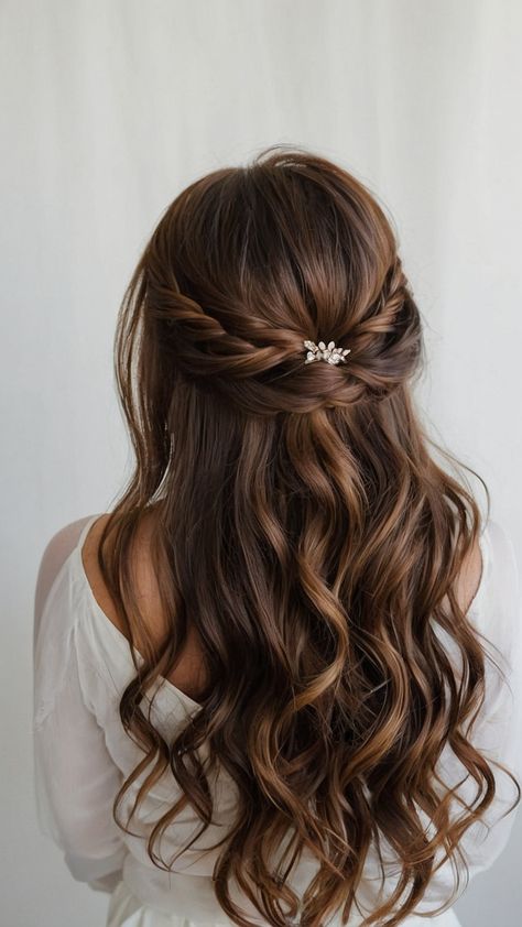 Discover stunning bridesmaid hairstyles for long hair with this comprehensive guide From elegant updos to simple half-up half-down styles find inspiration for brunettes blondes and simple loose curls Whether you're attending a wedding or a simple gathering these easy boho looks are perfect for any occasion Try a side half-up half-down braid for a romantic touch Bridal Party Half Up Half Down Hair, Hairstyles To Attend A Wedding, Half Up Long Hairstyles Wedding, Long Hair Styles Wedding Bride, Boho Half Up Half Down Wedding Hair, Wavy Bridesmaid Hair, Minimalist Wedding Hairstyles, Elegant Hairstyles Half Up Half Down, Half Up Half Down Hairstyles Bridesmaid