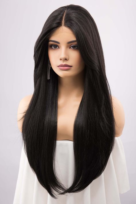 Color: Jet Black Texture: Straight Layered Cut Wig Type: Lace Front Wig Length: About 28" Cap Size: 20.5"-22" Parting: Fixed Middle Part Material: Heat Resistant Fiber Lace Type: Swiss Lace Combs: 3 Combs With its Straight Layered Cut, this Natural Black wig effortlessly flows down to an approximate length of 28 inches. As it brushes past the shoulders, it frames the face with elegance, accentuated by two long side bangs. The Fixed Middle Part presents a sleek, refined look that's timeless.The S Morticia Costume, Wig With Curtain Bangs, Witcher Yennefer, Black Wig With Bangs, Front Bangs, Long Side Bangs, Celebrity Wigs, Layered Cut, Black Texture