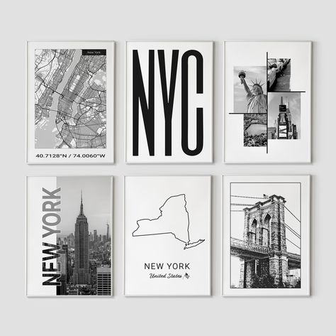 New York wall art New York Gallery Wall, Poster Wall Layout Ideas, New York Themed Bedroom, Bedroom Ideas New York, Nyc Typography, Appartement New York, Nyc Poster, New York Bedroom, Manhattan Poster