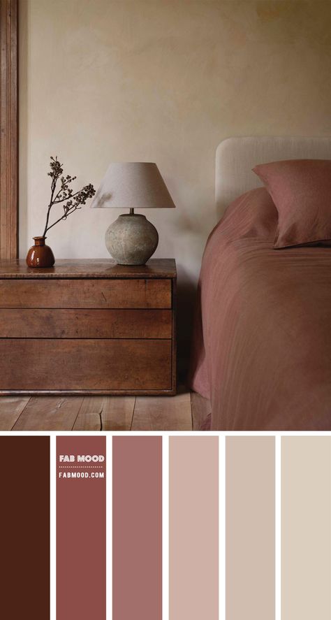 Earth Tone Bedroom Colour Scheme | Earthy Bedroom Decorating Ideas Accent Wall Earth Tones, Bedroom Ideas Coffee Colour, Pink Beige Room Bedrooms, Warm Neutral Bedroom Furniture, Soft Tone Bedroom, Earth Color Palette Bedrooms, Taupe Beige Bedroom, Earthy Coloured Bedroom, Earthy Bedroom Palette