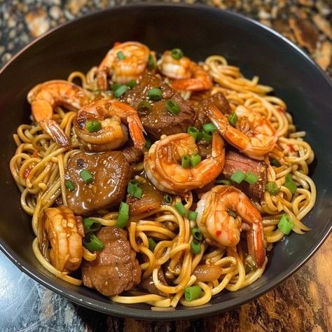 Steak Noodles, Shrimp Teriyaki, Teriyaki Noodles, Beef Round Steak, Teriyaki Steak, Teriyaki Shrimp, Shrimp Noodles, Steak And Shrimp, Chicken And Shrimp