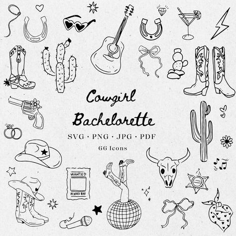 Minimal Digital Hand-Drawn Cowgirl Bachelorette Hen Do illustrations. Hand drawn clipart icons. Perfect for Bachelorette, Hen do, Wedding invitations, Parties invitations, Birthday, Galentines, Bridal Shower, Baby Shower and more.  Hand drawn style with scribble drawings. Italian Style and French Style clipart icons. Please note that this is a DIGITAL PRODUCT, no physical product will be shipped.  Go to https://www.etsy.com/uk/shop/RoseRayCo?ref=l2-about-shopname&search_query=CA001 to view the f Cowgirl Doodles, Cowgirl Clipart, Cowgirl Drawing, Hen Do Ideas, Scribble Drawings, Cowgirl Tattoos, Cowgirl Bachelorette, Drawing Clipart, Icon Collection