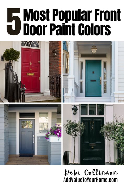 Your front door says alot about your home. Does your front door pop and say welcome? Or is it boring and dreary? The front door is THE area on your exterior where you can make a BOLD statement. Whether is be fun & wild or traditional, you want your front door to be a head turner! Check out these 5 most popular front door paint colors and make YOUR front door a show stopper! #frontdoorpaintcolors Popular Front Door Colors 2023, Blue Front Door Colors, Painted Front Door Ideas, Bold Front Door Colors, Exterior Front Door Colors, Painted Exterior Doors, Exterior House Doors, Best Front Door Colors, Exterior Door Colors