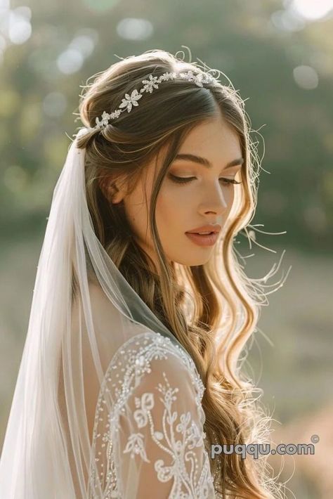 Bride Hairstyles With Headband And Veil, Wedding Hair Headband Veil, Down Bridal Hairstyles With Veil, Wedding Hairstyles For Bride With Tiara, Wedding Tiara And Veil, Bride Veil Hair Down, Half Up Wedding Hair With Veil, Veil With Hair Down, Wedding Hair With Headband