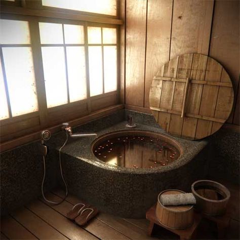 Traditional Japanese bath with soaking tub Japanese Bathrooms, Studio Renovation, Japanese Bathroom Design, Japanese Bathtub, Japanese Style Bathroom, Asian Bathroom, Japanese Bathroom, Japanese Soaking Tubs, Japanese Bath