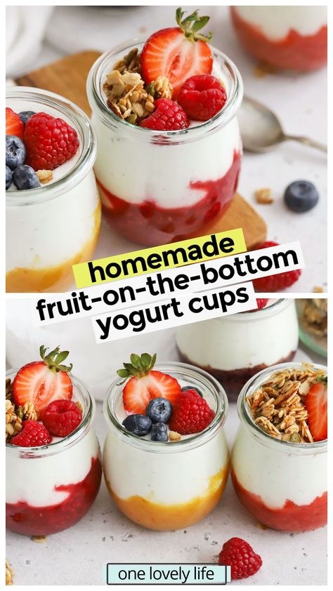 These homemade Fruit On The Bottom Yogurt Cups are an easy meal-prep breakfast recipe. Don't miss all the yummy flavors to try in the post--with so many options these meal prep yogurt jars are always delicious. Plus, there's a dairy-free option, so you can easily make them into vegan fruit on the bottom yogurt cups! Yogurt Fruit Cups For Party, Individual Yogurt Parfait Cups, Frozen Fruit Parfait, Yogurt Fruit Parfait Cups, Yogurt Machine Recipes, Yogurt Parfait Meal Prep, Yogurt Meal Prep, Meal Prep Yogurt, Fruit On The Bottom Yogurt