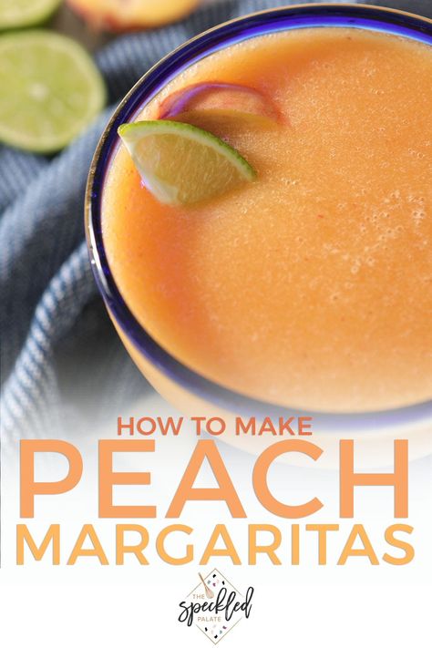 Have you ever had a peach margarita? This 5-ingredient mixed drink calls for frozen peaches (or fresh, if it’s the height of summer) and mixes in a blender. #EasyEntertaining #SpeckledPalate Sweet Lemonade Recipe, Peach Margarita Recipe, Blended Margarita Recipe, Peach Margarita Recipes, Peach Margaritas, Easy Margarita Recipe, Homemade Margaritas, Peach Margarita, Frozen Peaches