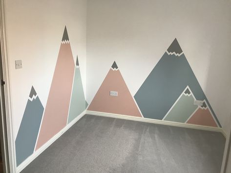 Playroom Mountain Wall, Girl Mountain Nursery, Nursery Ideas Mint Green, Mountain Nursery Wall, House Kids Room, Murals For Kids, Mountain Design, Boy’s Room, Bedroom Renovation