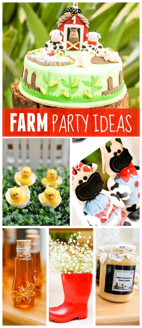 A farm boy birthday party with a fun barnyard cake and honeybee jar party favors! See more party planning ideas at CatchMyParty.com! Farm Party Theme, Farm Party Ideas, Jar Party Favors, Pink Barnyard Party, Pink Farm Party, Indoor Farm, Farmyard Party, Barnyard Cake, John Deere Birthday