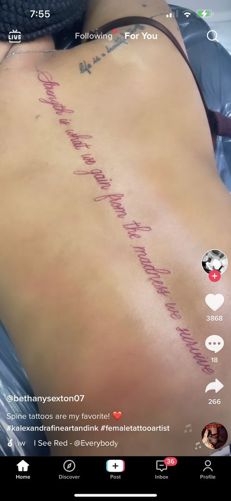 Spine Tattoos For Women Meaningful Quotes, Red Spine Tattoos For Women Quotes, Spine Tat Quotes, Red Spine Tat, Red Spine Tattoos For Black Women, Spine Scripture Tattoos For Women, Quotes For Back Tattoos, Spine Tats Red Ink, Baddie Spine Tattoo Quotes