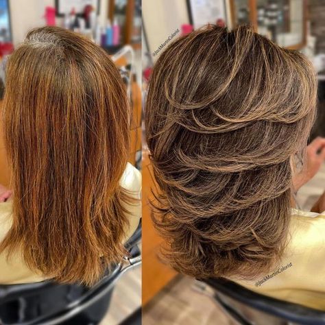 Medium Feathered Haircut Before and After Feathered Haircut, Hair Ideas For Women, Medium Shag Hairstyles, Shaggy Layers, Feathered Hair Cut, Jack Martin, Feathered Hair, Before And After Haircut, Chunky Highlights