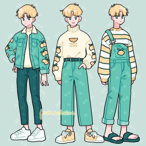 Emily Kim❤️ on Instagram: “Lem outfits! Swipe for the glasses version! Which fit is your favorite?” Cute Outfits For Men, Chibi Outfits, Outfits Illustration, Outfit Illustration, Lemon Boy, 심플한 그림, Arte Doodle, Arte Do Kawaii