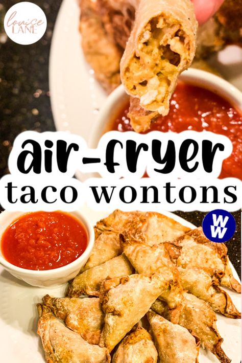 Air Fryer Recipes Wonton Wrappers, Wontons Recipes Air Fryer, Wonton Dinner Recipes, Airfryer Wonton Recipes, Wonton Wrapper Air Fryer Recipes, Air Fry Wonton Recipes, Ww Game Day Food, Taco Bites Appetizers Wonton Wrappers, Air Fried Wonton Recipes