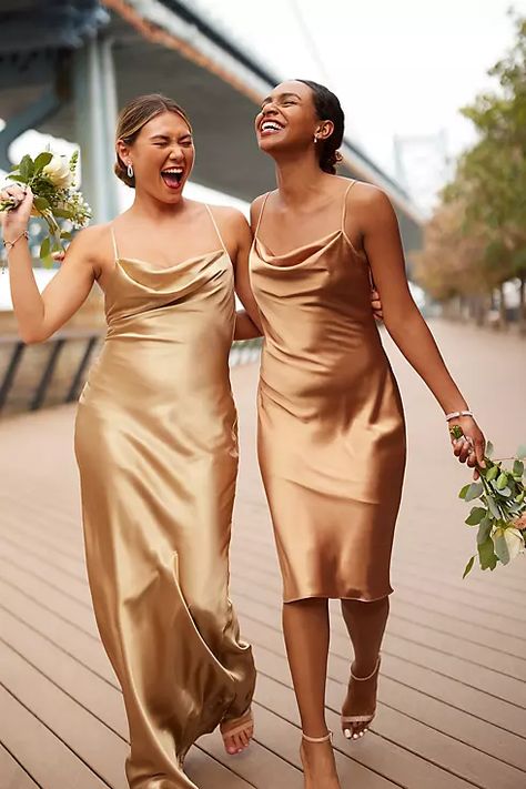 Midi Charmeuse Bridesmaid Slip Dress | David's Bridal Cowl Neck Bridesmaid Dress, Gold Bridesmaid Dress, Bridesmaid Outfit Ideas, Annie Dress, Bridesmaid Dresses Short, Gold Bridesmaid Dresses, Silk Satin Dress, Gold Bridesmaids, Prom Accessories