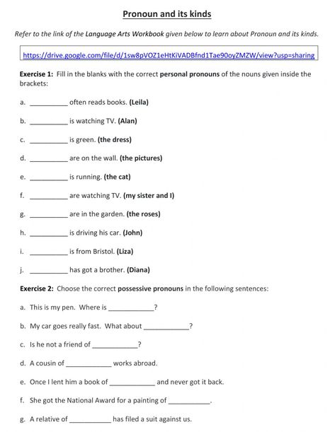 Kinds Of Pronouns Worksheet, Kinds Of Pronouns, English Pronouns, Personal Pronouns, English Language Arts, School Subjects, Online Workouts, Google Classroom, English Language